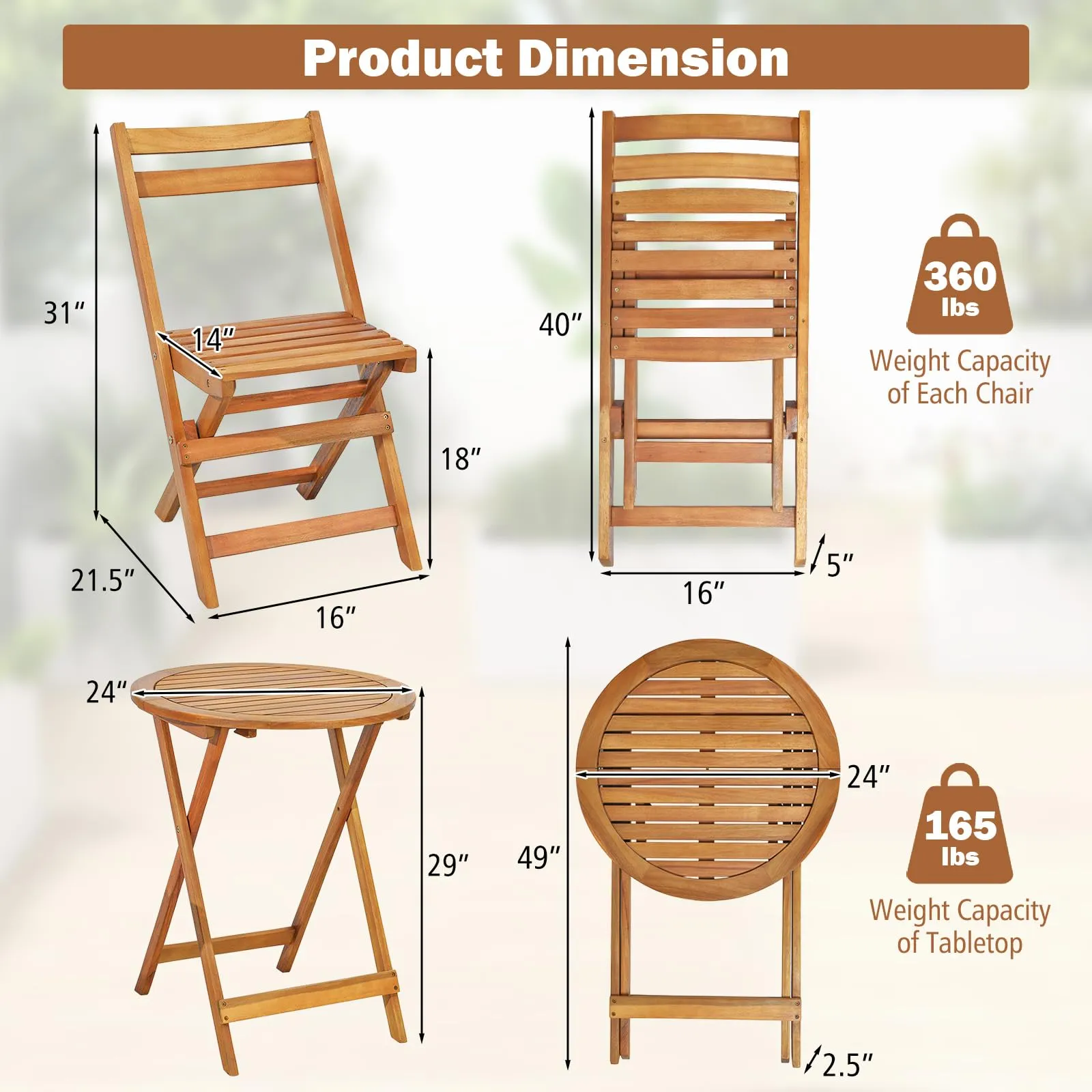 Tangkula 3 Pieces Folding Patio Bistro Set, Solid Acacia Wood Table and Chairs