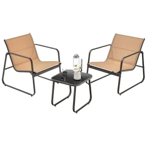 Tangkula 3 Pieces Patio Conversation Set, Outdoor Metal Chair & Table Set, Breathable Fabric & Tempered Glass Tabletop