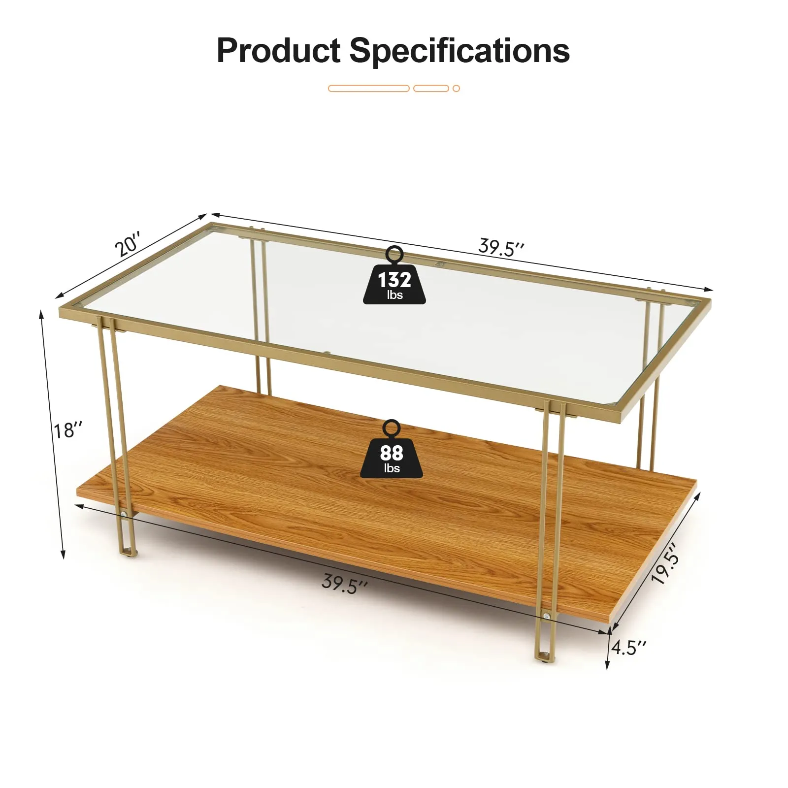 Tangkula Glass Coffee Table, 40In Mid Century 2 Tier Rectangle Coffee Table