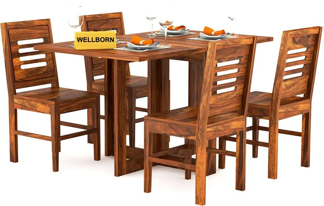 WELLBORN Solid Sheesham Wood 4 Seater Folding Dining Table with 4 Chair Dining Set for Living Room Dining Set | Hotel Restaurants Dining Set