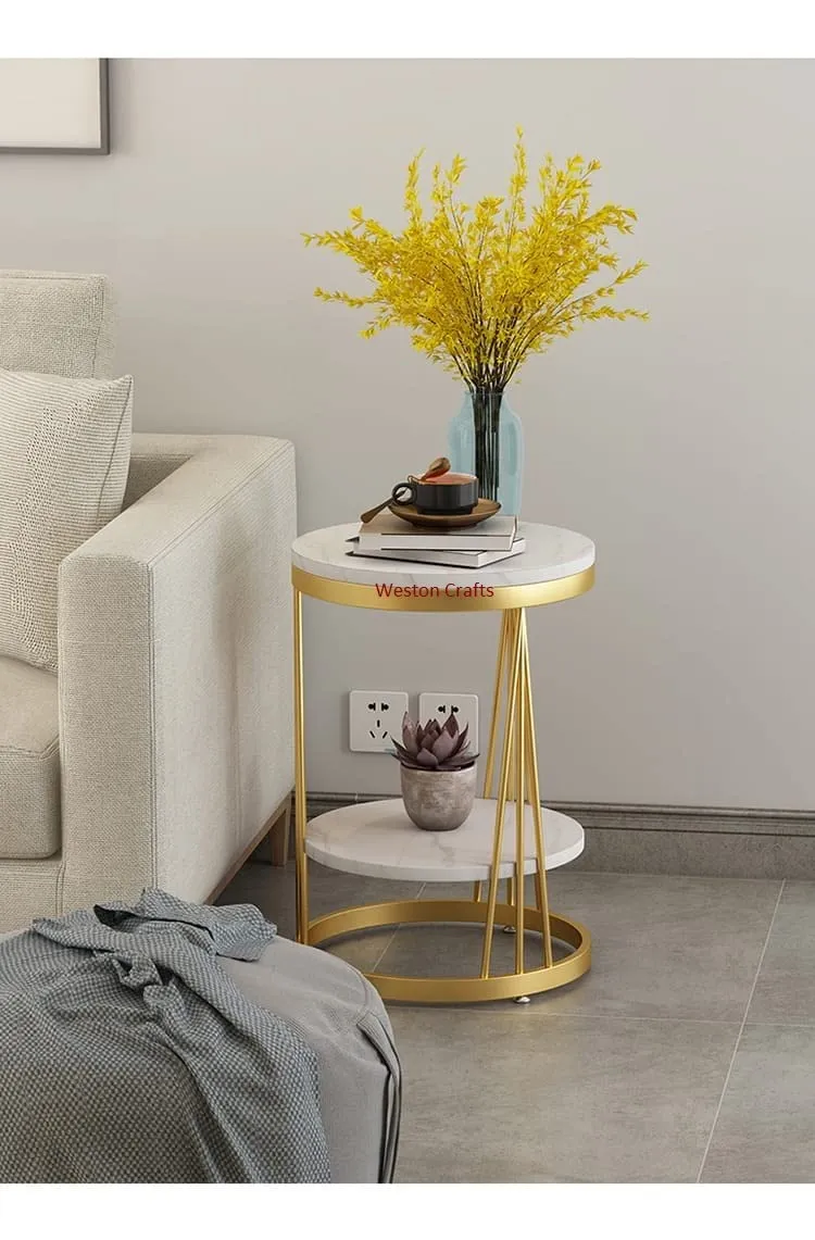 Weston Crafts Side Table Living Room Round Telephone Table Coffee Table Corner Table Bedroom Bedside Table, MDF Table Top and Gold Metal Frame，