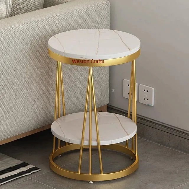 Weston Crafts Side Table Living Room Round Telephone Table Coffee Table Corner Table Bedroom Bedside Table, MDF Table Top and Gold Metal Frame，