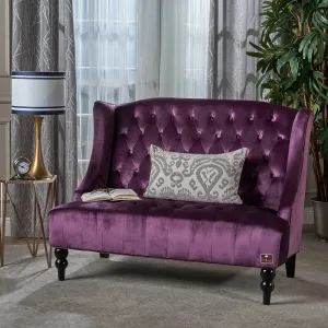 Wooden Twist Aerona Soft Velvet Upholstery Button Tufted Modern Bench With Teak Wood Legs ( Purple )