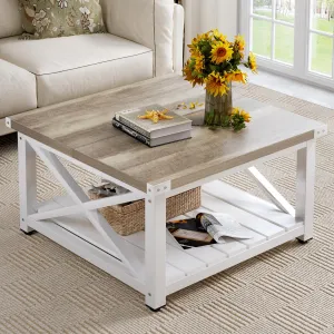 YITAHOME Coffee Table for Living Room,Square Wood Farmhouse Coffee Table with Storage,Grey Wash Rustic Coffee Table,Vintage Center Table for Living Room with Shelf