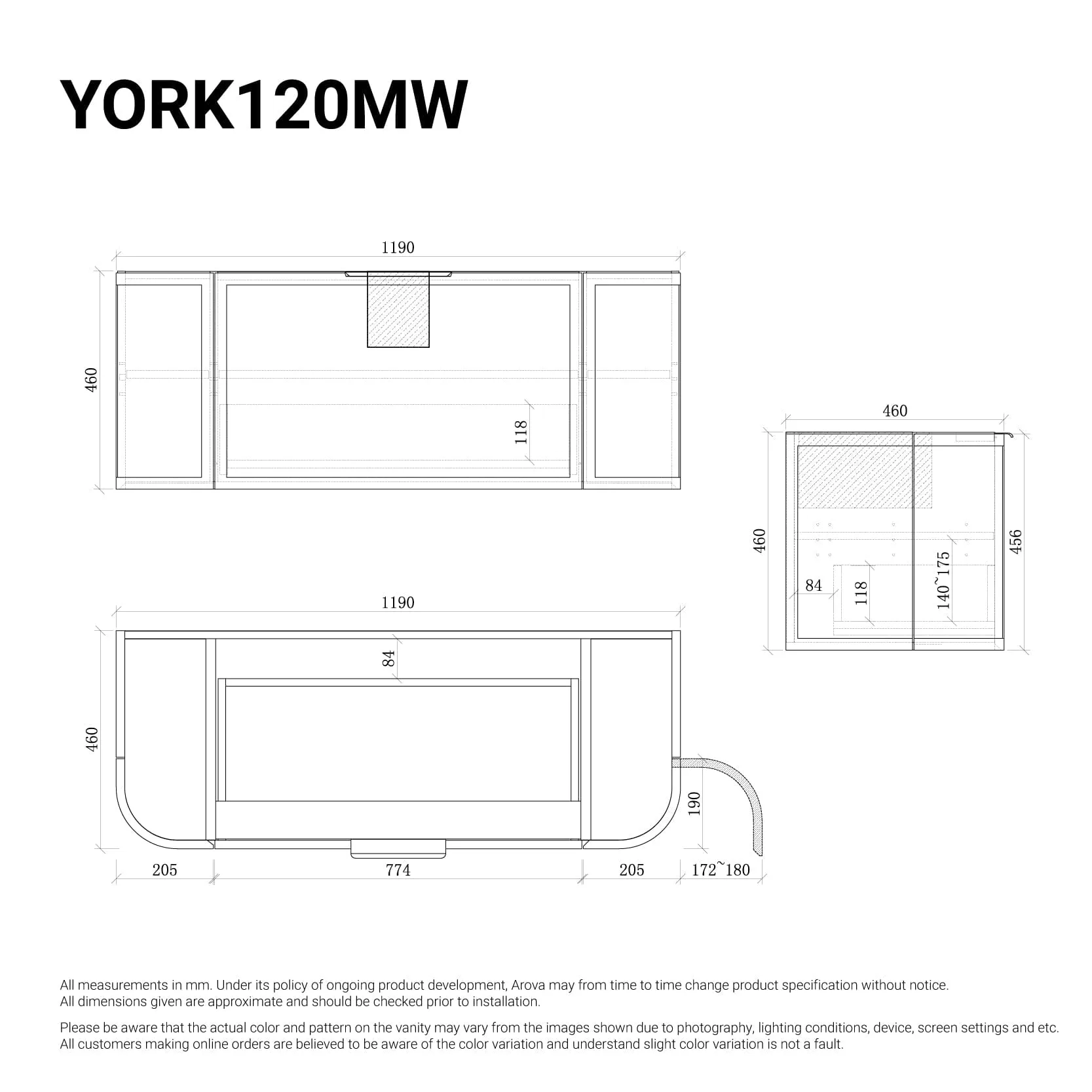 York 1200mm Curved Wall Hung Vanity Matte White